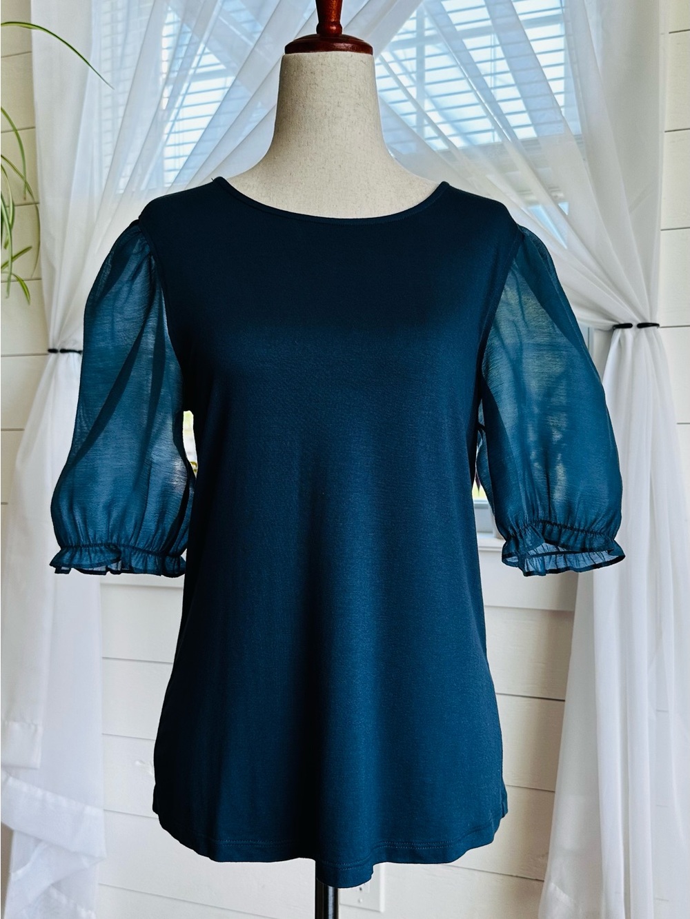 Les Serein Wendy Puff Sleeve Knit Deep Teal/Navy NWT Size S